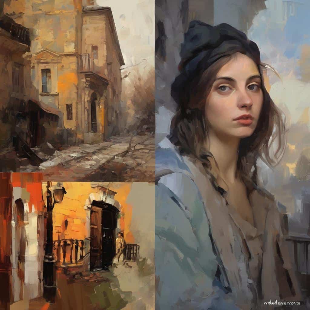 Coloured historical building street scene, warm tones, atmospheric, impressionist style, autumn nature, detailed architecture, ambient lighting, classical European cityscape, charming and nostalgic mood. | Ζωγραφική εικόνα παλιού ιστορικού δρόμου με κτίρια σε ζεστές αποχρώσεις, σε ιμπρεσιονιστικό στυλ, με ατμόσφαιρα και εποχική αίσθηση φθινοπώρου, αναδεικνύοντας την κλασική ευρωπαϊκή αρχιτεκτονική και την νοσταλγική ατμόσφαιρα. | Διαχρονική τέχνη, με έμφαση στην ιστορία και τους διάσημους δημιουργούς, παρουσιάζει μια παλιά ευρωπαϊκή γειτονιά, αναδεικνύοντας την τέχνη μέσα στους αιώνες και την πολιτιστική κληρονομιά. | relevance: Ναι.