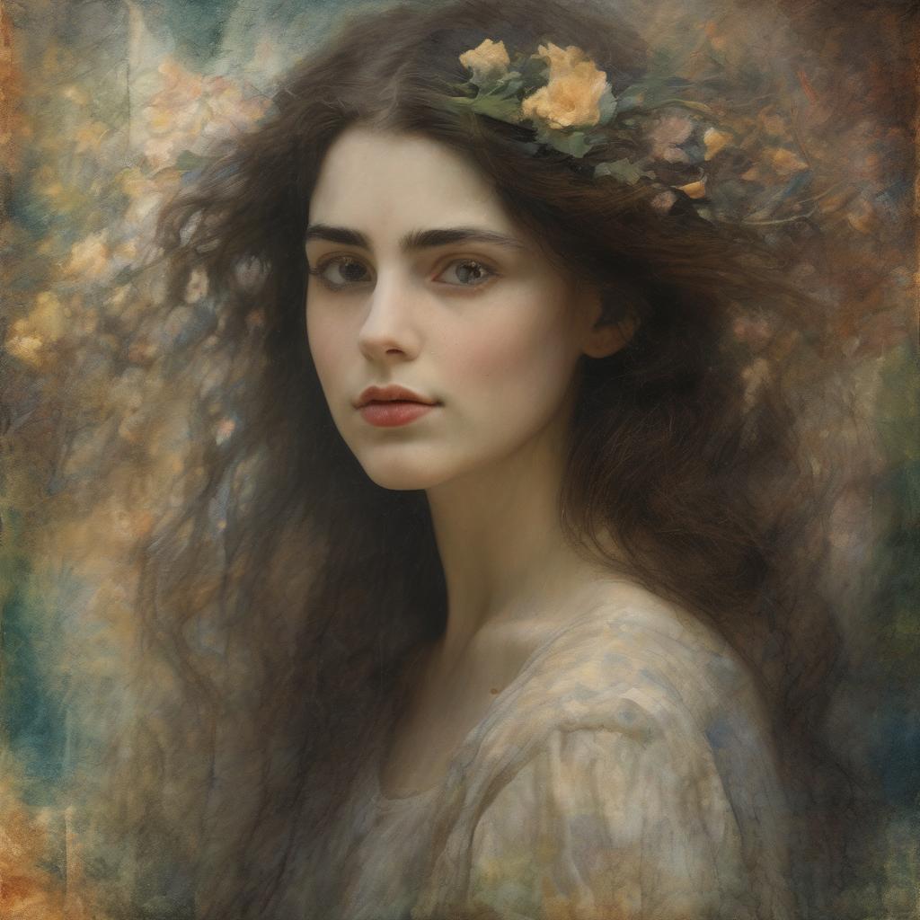 Ομορφη νεαρή γυναίκα με μακριά καστανά κύματα και γαλάζια μάτια, σε φόντο με όμορφα λουλούδια και χρώματα τέχνης.