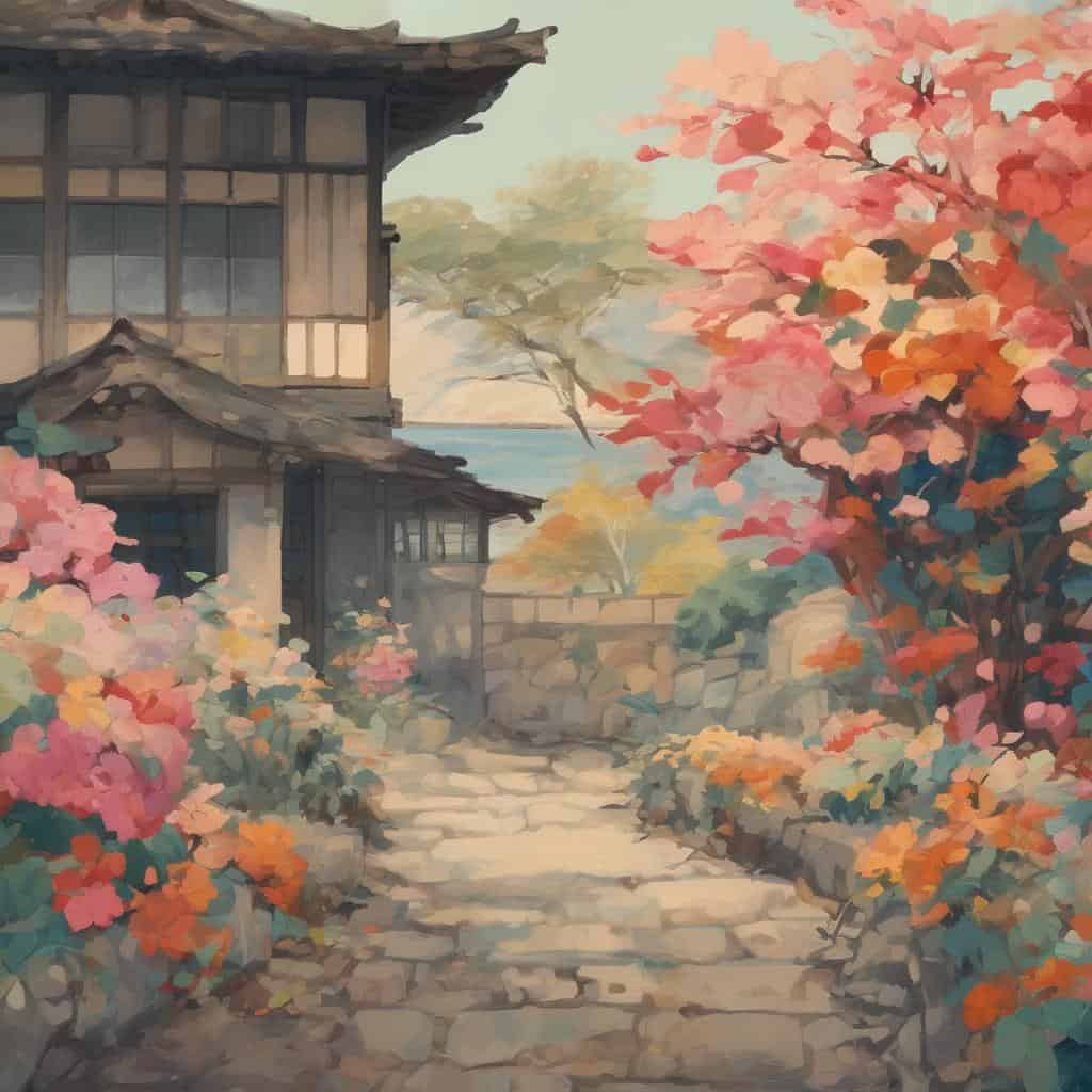 Παραδοσιακό ιαπωνικό σπίτι με όμορφα τροπικά φυτά και ανθισμένα δέντρα σε ροζ και πορτοκαλί αποχρώσεις, δημιουργώντας μια ήρεμη και αρμονική ατμόσφαιρα.