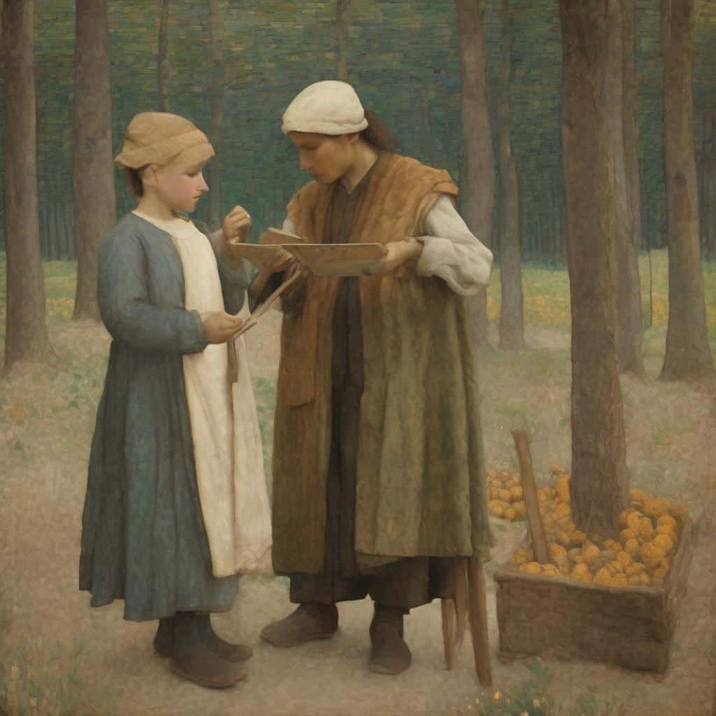 Υψηλής ποιότητας πίνακας ζωγραφικής με μαθήτρια και δασκάλα μέσα σε δάσος, αναδεικνύοντας την τέχνη και τη δημιουργία μέσω ιστορικών καλλιτεχνών.