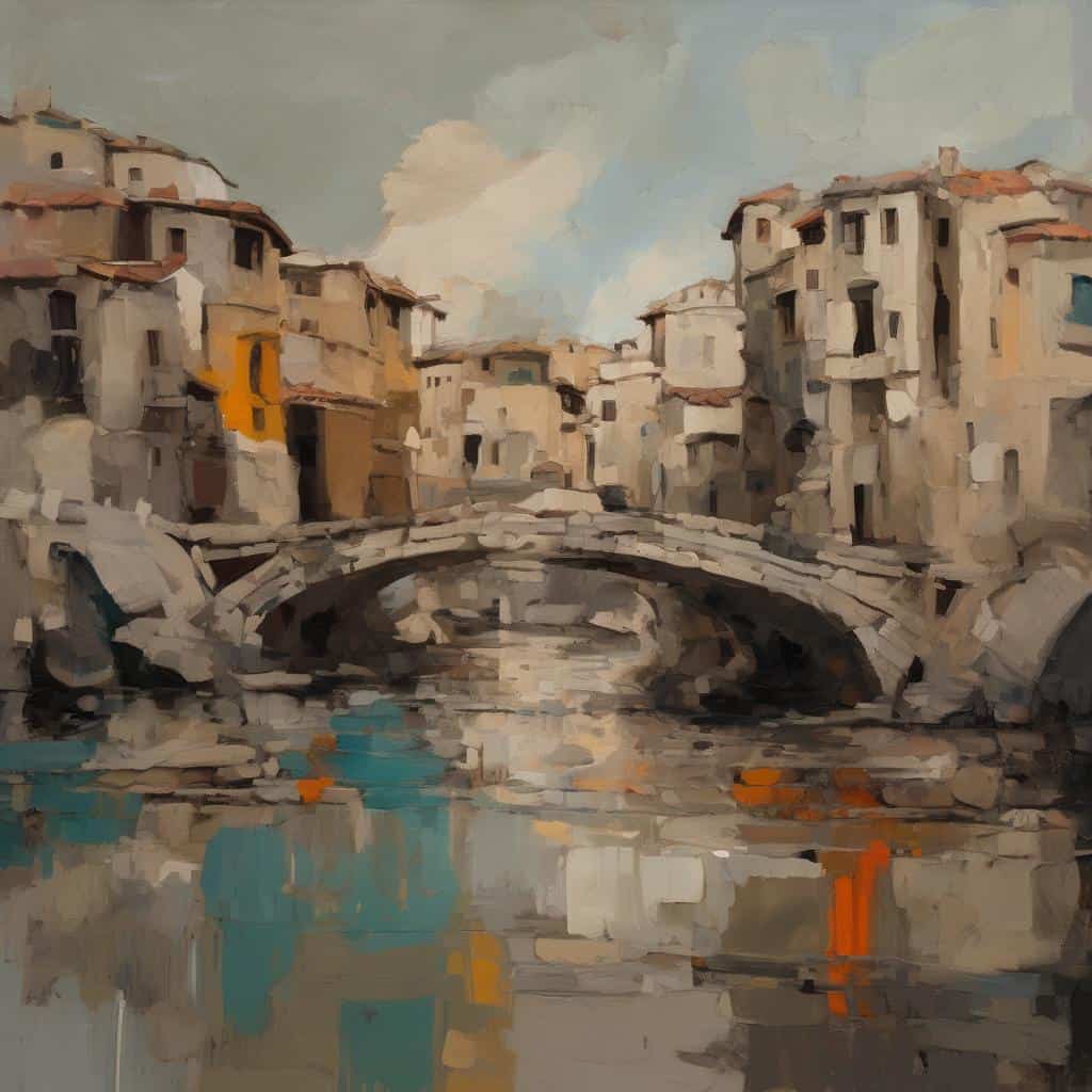 Παραδοσιακή ιταλική γέφυρα σε παλαιά πόλη με πολύχρωμα σπίτια και καθρέφτη στη γέφυρα και στον ποταμό, ψηφιδωτό έργο τέχνης.