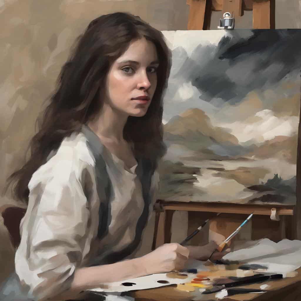 Ζωγράφος γυναίκα στη μέση δημιουργικότητας, με πινέλα και παλέτα, στο εργαστήριο ζωγραφικής, πορτρέτο σύγχρονης τέχνης, αναπαράσταση καλλιτέχνη σε στούντιο.