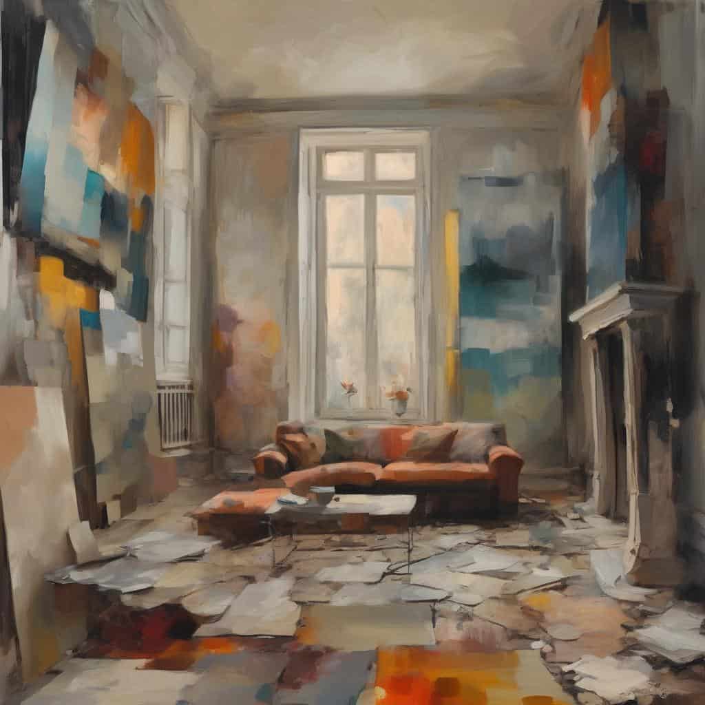 Ζωγραφικό έργο εσωτερικού χώρου με καναπέ και πίνακες ζωγραφικής, στην τεχνη της τέχνης και διασημοι δημιουργοί μέσα στους αιώνες, με έμφαση στην ιστορία της τέχνης και την καλλιτεχνική δημιουργία.