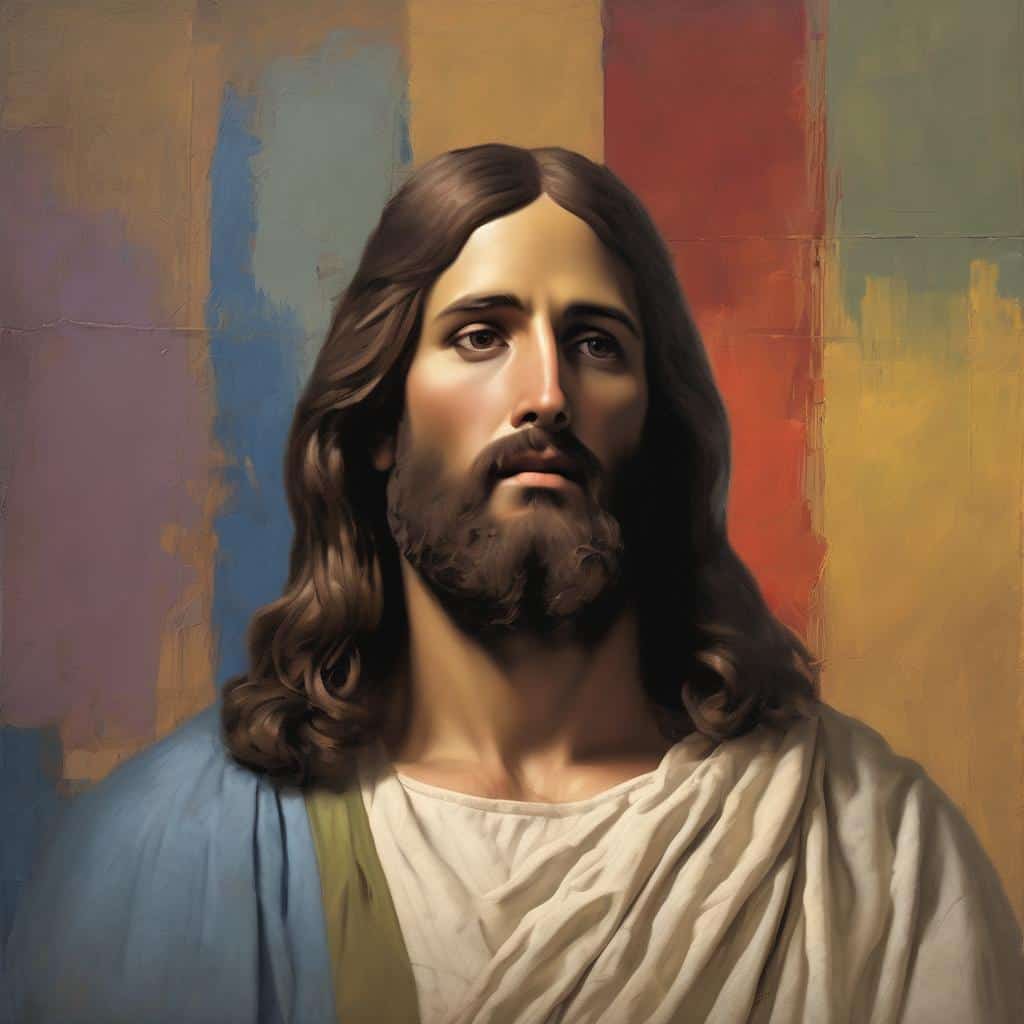 Πορτραίτο του Ιησού Χριστού σε ψηφιακή τέχνη με δασύτριχη πλευρά και λευκή αλλά και μπλε ρόμπα, με φόντο πολύχρωμο και αφηρημένο στον τοίχο, εμπνευσμένο από διασημους δημιουργούς τέχνης.