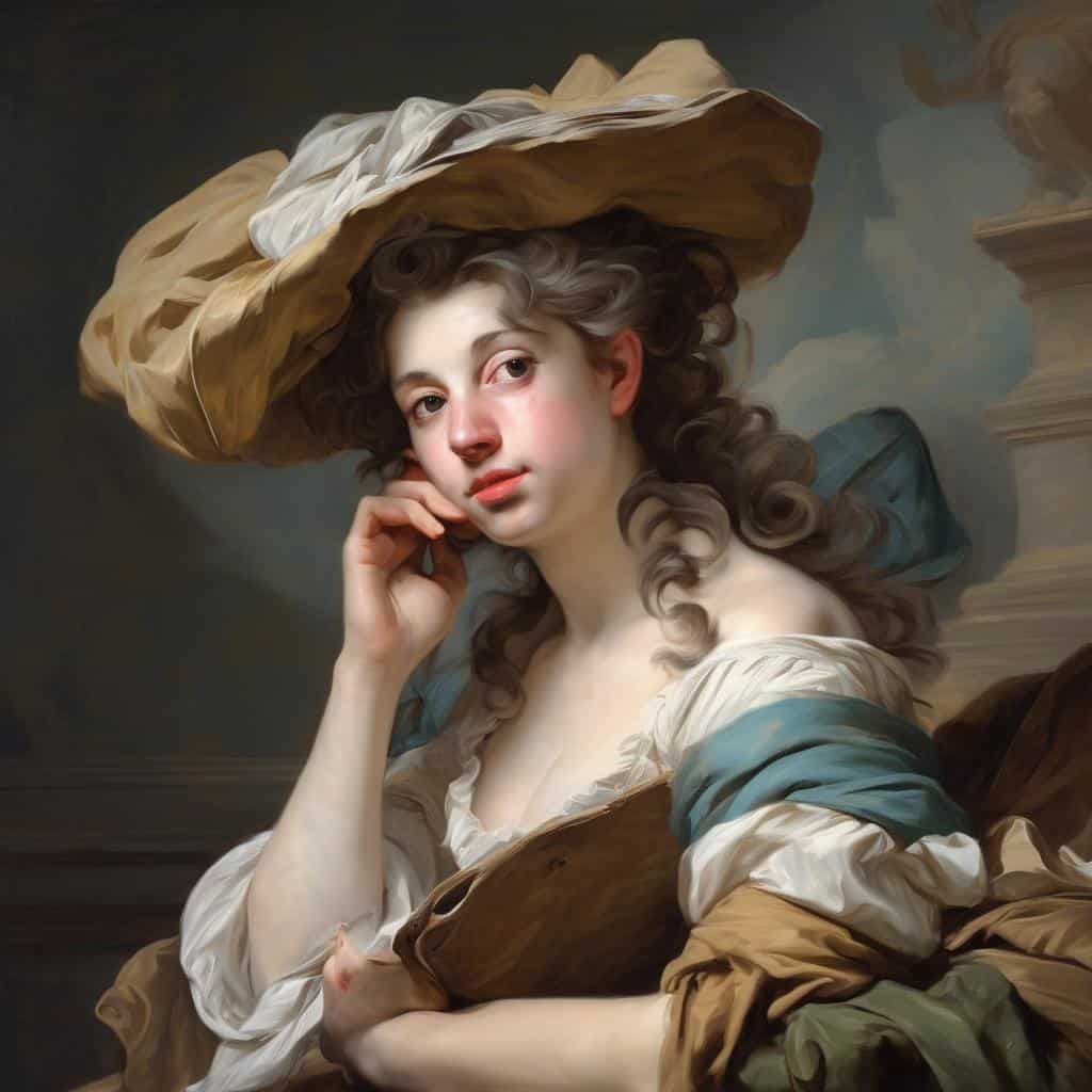 Ρομαντική πορτρέτο γυναίκας με μεγάλο καπέλο και κυματιστά μαλλιά, σε κλασικό στυλ ζωγραφικής, με διακριτικά χρώματα και λεπτομέρειες, που αναδεικνύουν την τέχνη των διάσημων δημιουργών.
